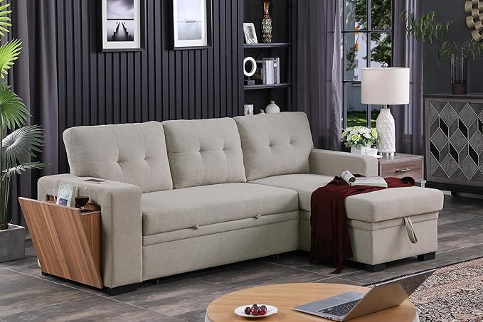 Ball &amp Cast Sectional Sleeper Sofa BedL-Shape Pull Out Couch4 in 1 Pull-Out Sofabed W/Reversible Storage ChaiseUSB Ports &amp Cup HolderConvertible Sleeper Corner Couch W/Pull Out Bedfor Liv