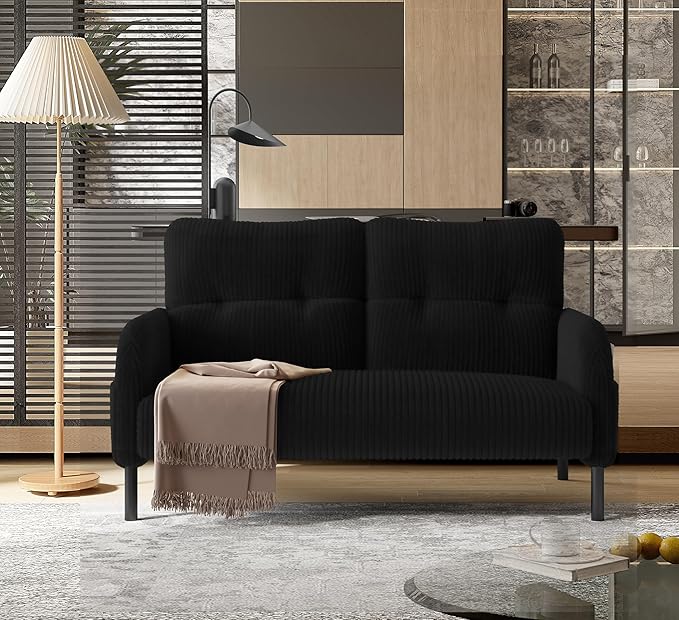 47'' Small Loveseat Sofa Comfy Corduroy Love Seat Couch for Small Spaces 2 Seater Sofa Office Couch with Solid Wood Legs for Living Room Bedroom Apartment (Black)