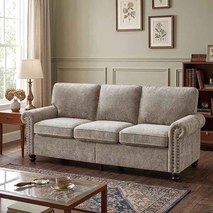 81.5 Rolled Arms Sofa Classic Couch with Nailhead Trim 3-Seater Sofa with Springs Deep Seat Cushion &amp Wooden Legs Comfy Vintage Couch for Living Room Apartment Farmhouse Grey Beige | Rolled