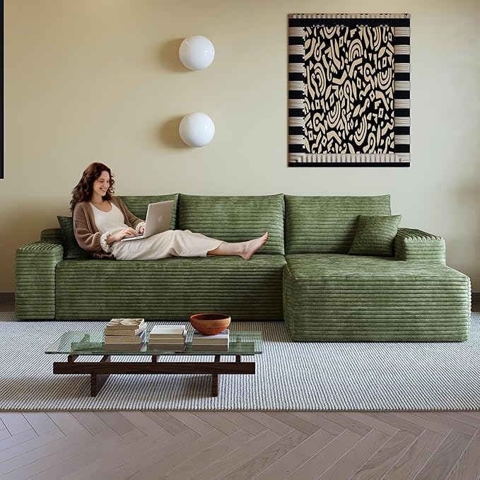 107 Cloud Sectional Couch with L-Shape Chaise Modern Modular Sofa with Deep Seat Corduroy Upholstered Couches for Living Room BedroomNo Assembly Required(Green Right Facing)