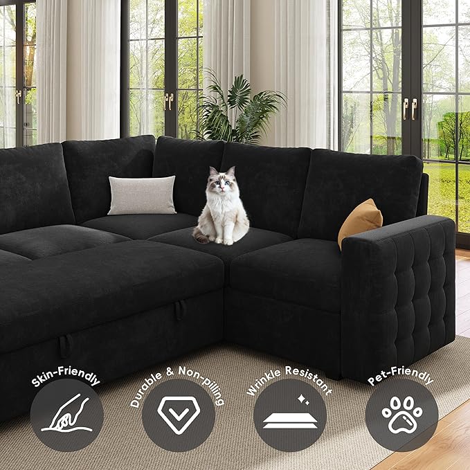 86 Sectional Sleeper Sofa Bed Sleeper Couch with Pull out Bed L Shaped Couch with Storage Modular Sectional Sofa Sectional Couches for Living Room&ampApartment Convertible Sofas Black Couches
