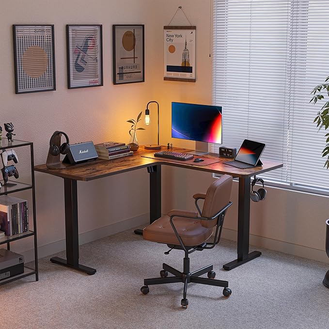 FEZIBO L Shaped Standing Desk Electric Stand up Height Adjustable Home Office Table Sit Stand Desk Light Rustic Brown Top