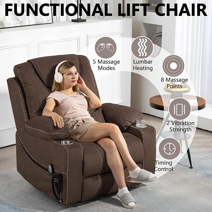 Large Power Lift Recliner Chair Sofa with Massage and Heat for Big and Tall ElderlyInfinite PositionsDual MotorCup HoldersExtended FootrestVelvet Home Theater Seat