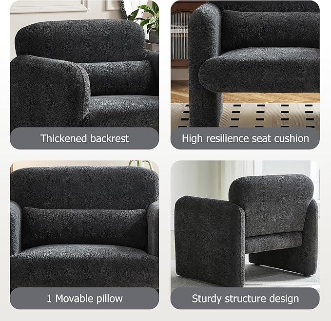 33.86 Inch Velvet Single Sofa for Living RoomAccent Chair for Small Spaces Modern Upholstered Armchair with Lumbar PillowComfy Reading Chair for Bedroom (300lbs Capacity)Dark Grey