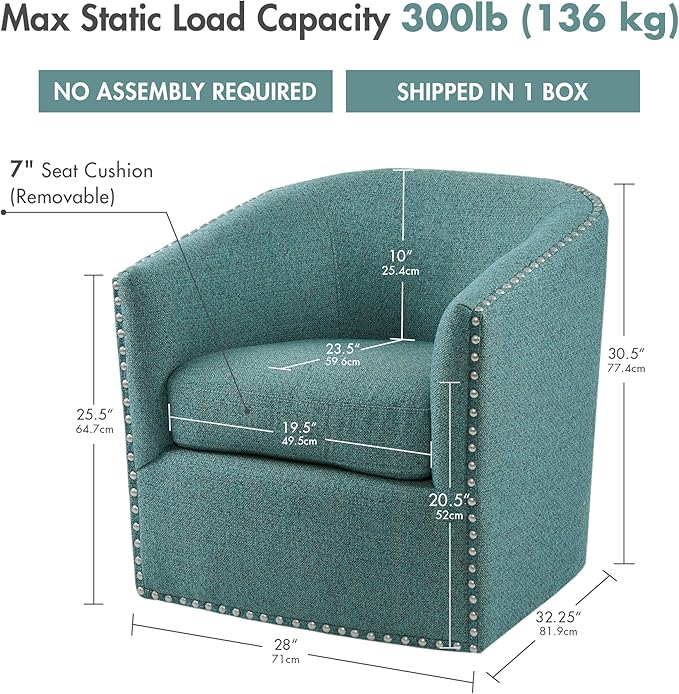 Madison Park Swivel Barrel Accent Chair Upholstered Curved Back with 7-Inch Thick Woven Cushion 360° Swivel Nailhead Trim Comfy Chair for Living Room Bedroom Office 28 Wide Teal Tyler