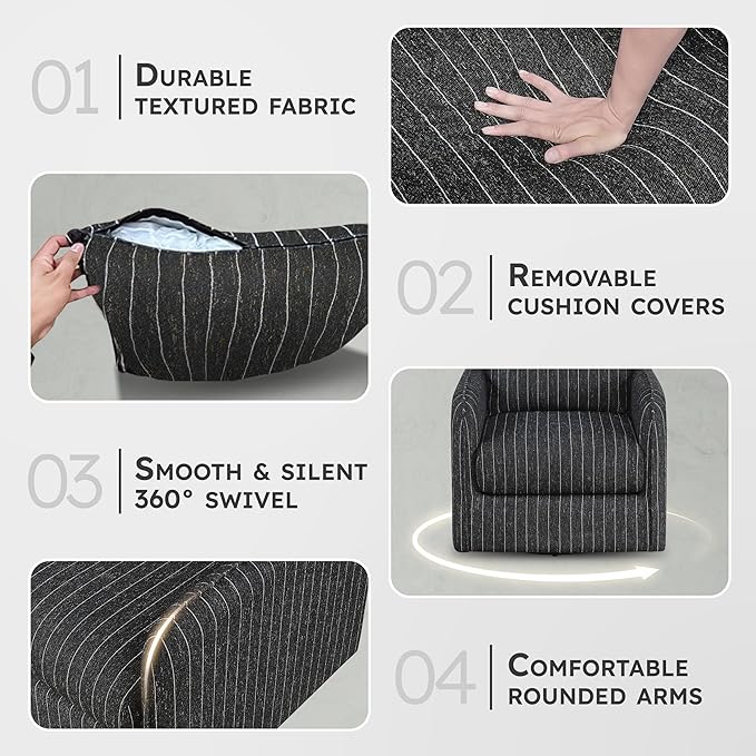 Lexicon Modern Pinstripe Swivel Accent Chair - 360 Degree Swivel Chair with Removable Back Cushion Cover Pillow Sturdy Round Metal Base for Living Room/Apartment/Nursery Black with White Stripe