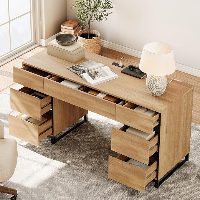 WAMPAT 59 Inch Modern Home Office Desk with Charging Station Wood Computer Writing Desk with 7 Deep Drawers Oak Executive Desk Study Table for Living Room Home Office