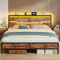 King Size Bed Frame with LED Lights &amp Charging Station King Bed Frame and Headboard13 Under Bed Storage Noise-Free Heavy Duty Metal Support Modern Brown
