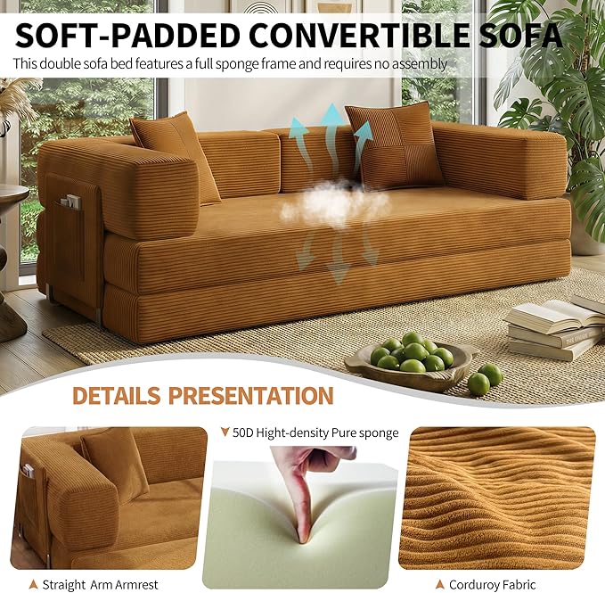 78.8 Convertible Sofa Bed with Armrest Pillow 4-in-1 Sleeper Couch Bed for Livingroom Modular Corduroy Boneless couches No Assembly (Yellow)