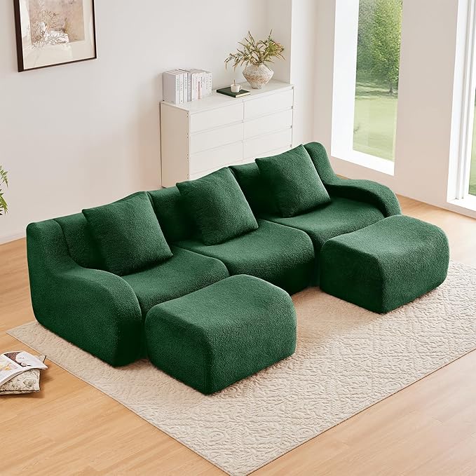 Modular Sectional Sofa for Living Room 115.3 U-Shaped Cloud Couch with 2 Ottoman 3-Seat Teddy Fabric Boneless Sofa Deep Seat Curved ArmrestStreamlined Ergonomic Design No Assembly