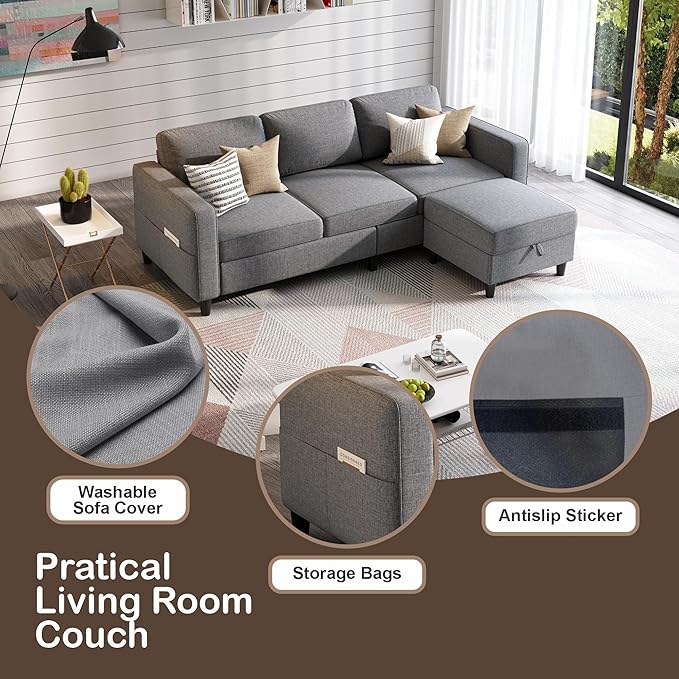 Sectional Sofas Couches for Living Room 78 L-Shaped Couch - Modern Linen Grey Sofa with Storage Ottoman for Apartments Studios &amp Home Offices Small Space