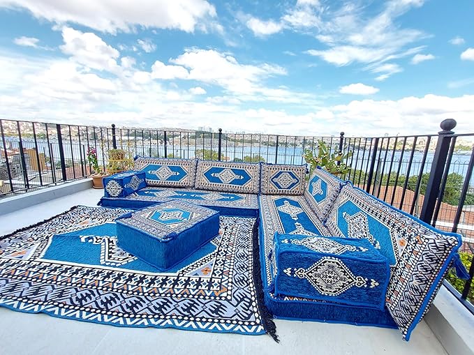 arabicsofa U Shaped Arabic Sofa Set – Royal Blue Modular Floor Seating for Guest Room