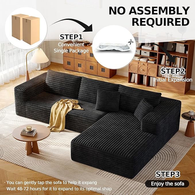 108.2 Modular Sectional Sofa with Deep Seat Boneless L Shaped Corduroy Couch Modern Comfort Cloud Couch Oversized for Living Room No Assembly (Right Facing ChaiseBlack)