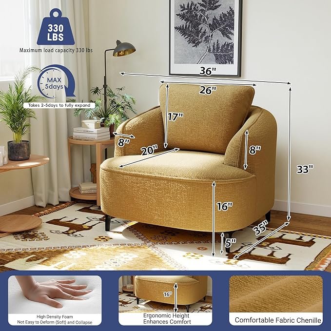 36 Lounge Chair with Metal Leg Accent Chair with Plush Chenille Upholstery Ergonomic Back &amp Boneless Comfort for Living Room Bedroom Office No-Assembly Gold
