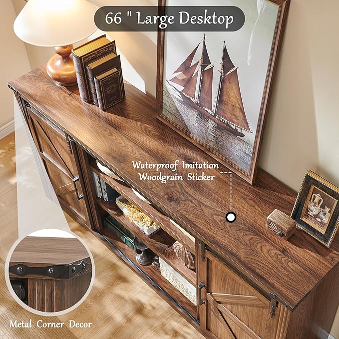 JXQTLINGMU Farmhouse TV Stand for 75+ Inch TV 32 Tall Entertainment Center w/4 Drawers &amp Sliding Barn Door Rustic Media Console w/Storage Shelves 66 Wood Television Stand for Living Room Bro