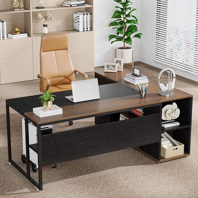 Tribesigns 71 inch Executive Desk L Shaped Desk with Cabinet Storage Executive Office Desk with Shelves Business Furniture Workstation for Home Office Black and Brown