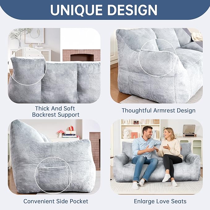 Faux Fur Loveseat Couch Oversized Lounge Sofa for Adults Fluffy Lazy Sofa with Soft Stuffed Filling Big Comfy Couch Boneless Couches for Living Room Bedroom Light Gray Blue