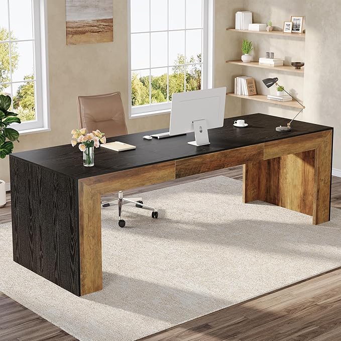 Tribesigns 78.7-Inch Long Computer Desk for 2 People Farmhouse Executive Desk with Wooden Desktop and Legs Large Workstations Writing Table Gaming Table for Home Office Heavy Duty Black + Brown