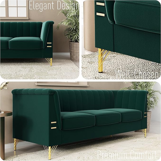 83.46 W Green Velvet Sofa Couch with Metal Gold Legs 3-Seater High Arm Upholstered Sofa for Living Room Bedroom Office (Green)