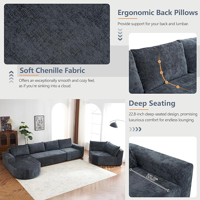 Modular Sofa Set 141.7 Oversized Sofa Cloud Sectional Sofa Set 5 Seat Upholstered Couches U-Shaped Sofa with Deep Seat Chenille Fabric Convertible Sleeper Couches for Living Room (Gray/145)