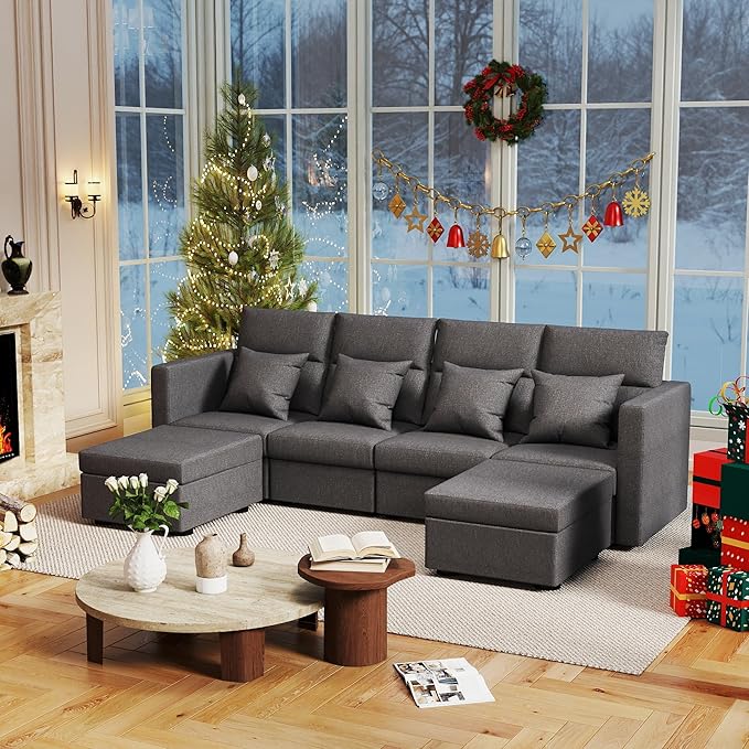 L Shaped Sectional Couch: Grey Modular Sectional Sofa with Ottoman Modern Linen Seater Couch Comfy Cloud Couches for Living Room and Apartment (82-3 Seat &amp Ottoman)