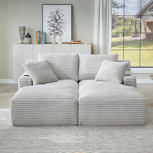 Double Chaise Lounge Sofa Boneless Cloud Couch Bed with Cup Holders and Side Pockets Comfy Deep Seat Sleeper Sectional Loveseat Chair for Living Room (Light Grey 2 Seat)