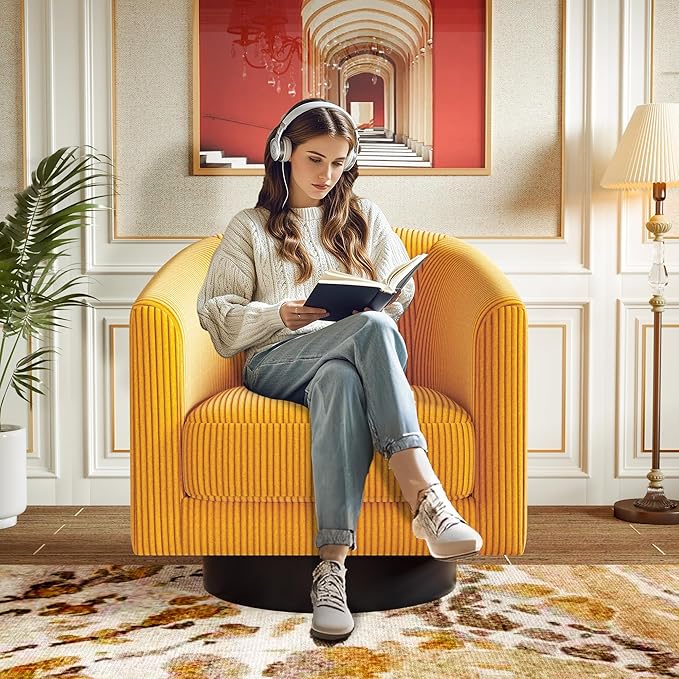 Swivel Accent Chairs Set of 2 360° Bucket Chair Modern Upholstered Barrel Armchair Comfy Corduroy Single Sofa for Living Room Bedroom Orange
