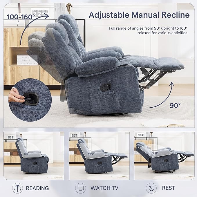 Swivel Rocker Recliner for Adults Manual Lazy Boy Recliner Chair with Cup Holders 360 Degree Rotating Nursery Rocking Chair Glider Recliner for Living Room (Blue)