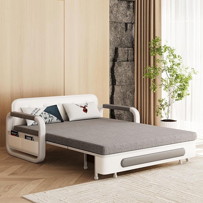 Pull-Out Sofa Daybed with Trundle - Versatile Futon Sleeper Couch for Living Room and Small Spaces (34.6 D x 50.3 W x 34.2 H)- Gray/White Sofa Bed