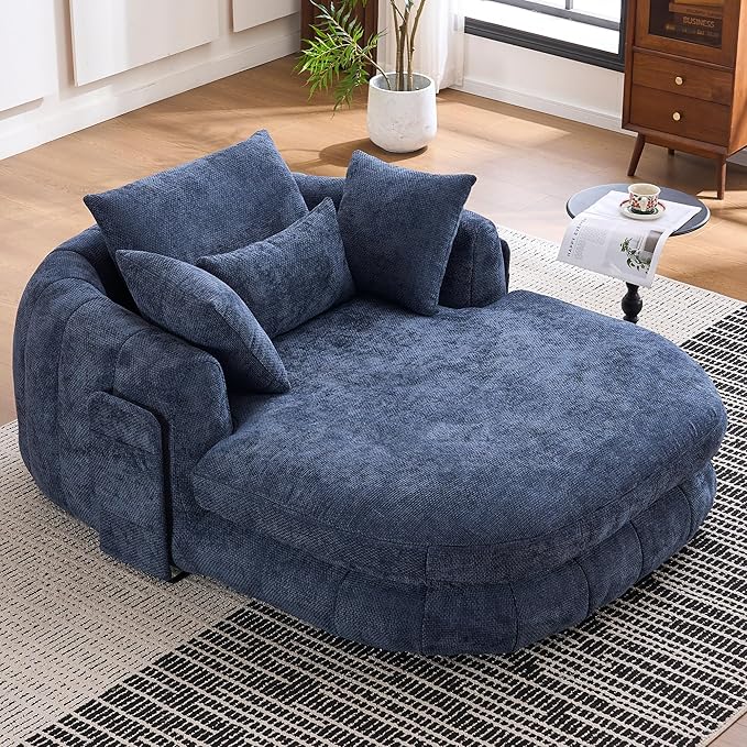 Oversized Chaise Lounge Indoor Deep Seat Boneless Sofa Bed with Throw Pillows Plush Chenille Fabric No Assembly Required Comfy Sleeper Sofa for Living Room Bedroom (Blue with Pocket)