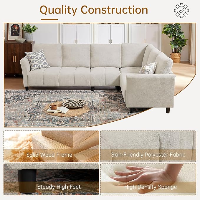 102 L Shape Sectional Sofa with Corner 6 Seat Convertible Modern Corner Sofa with Removable Covers for Living Room Ofiice Beige