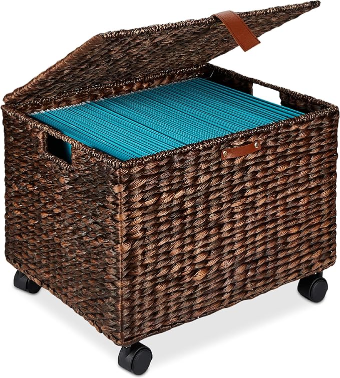 Best Choice Products Handwoven Water Hyacinth Rolling Filing Cabinet Mobile File Organizer for Hanging Folders W/Lid and Locking Wheels For Home or Office – Brown