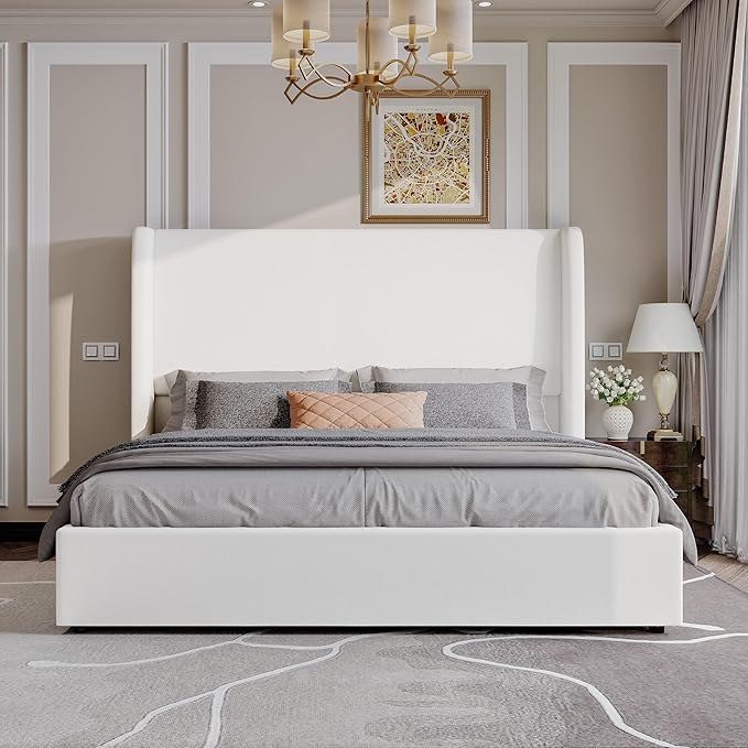 AMERLIFE Lift Up Storage Bed Queen Size Linen Upholstered Platform Bed Frame Hydraulic Storage No Box Spring Needed White