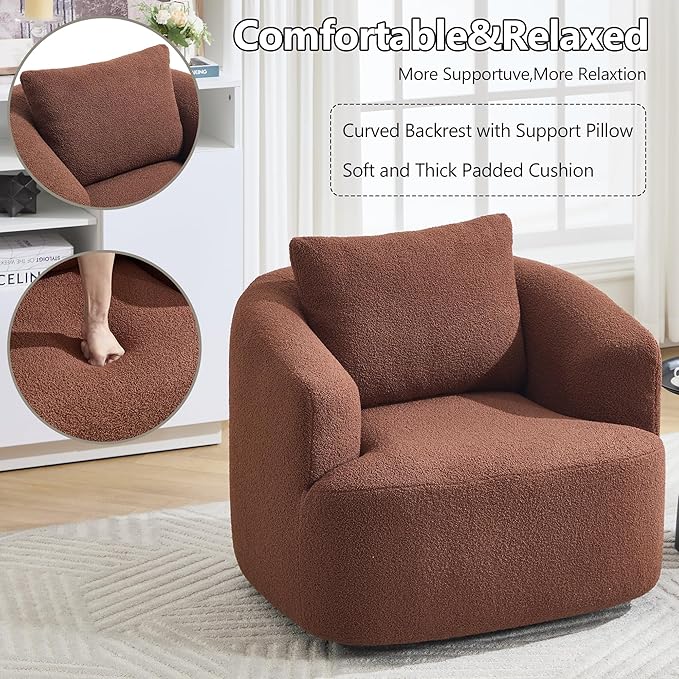 PELUMY Swivel Accent Chair Modern Round Barrel Chair Soft Teddy Fleece Fabric Swivel Chair for Living Room 360 Rotating Small Space Comfort Reading Chair No Tools Assembly (Brown)