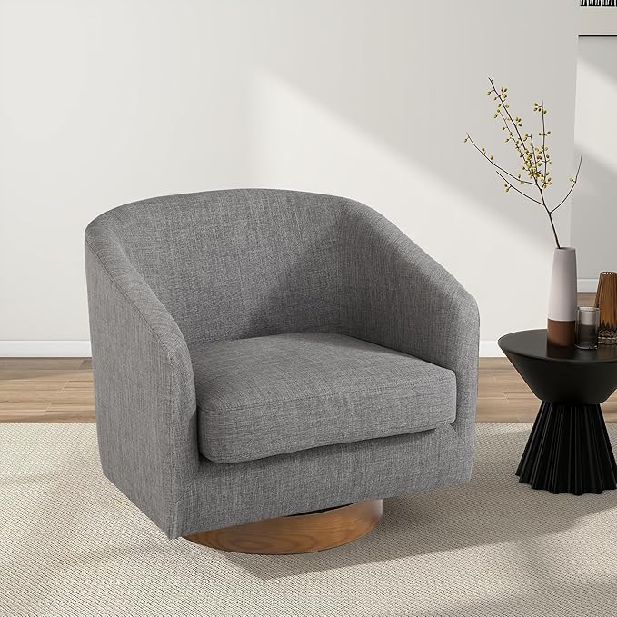 Swivel Barrel Chair Modern Round PU Leather Accent Armchair for Living Room Bedroom Oversized Comfy Club Reading Chairs for Adults (Fabric Grey Set of 1)