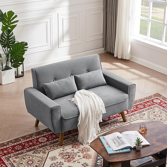 48 Small Loveseat Sofa Mid Century Modern Love Seat with Back Cushions and Plastic Legs 2 Seater Couches for Living Room Bedroom Small Spaces Light Grey