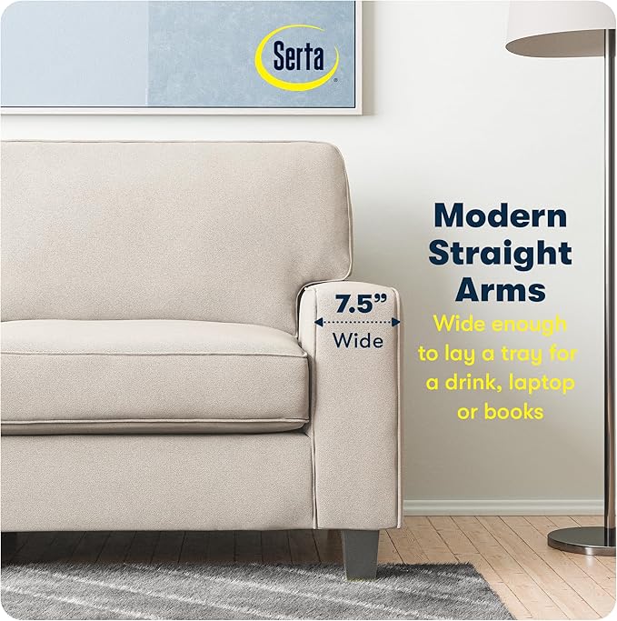 Serta Palisades 73 Track Arm Sofa Easy Care Polyester Soft Pillow Back Pocket Coil Seat Cushions Removable Covers Loveseat or Couch for Small Spaces Living Rooms or Bedrooms Cream White