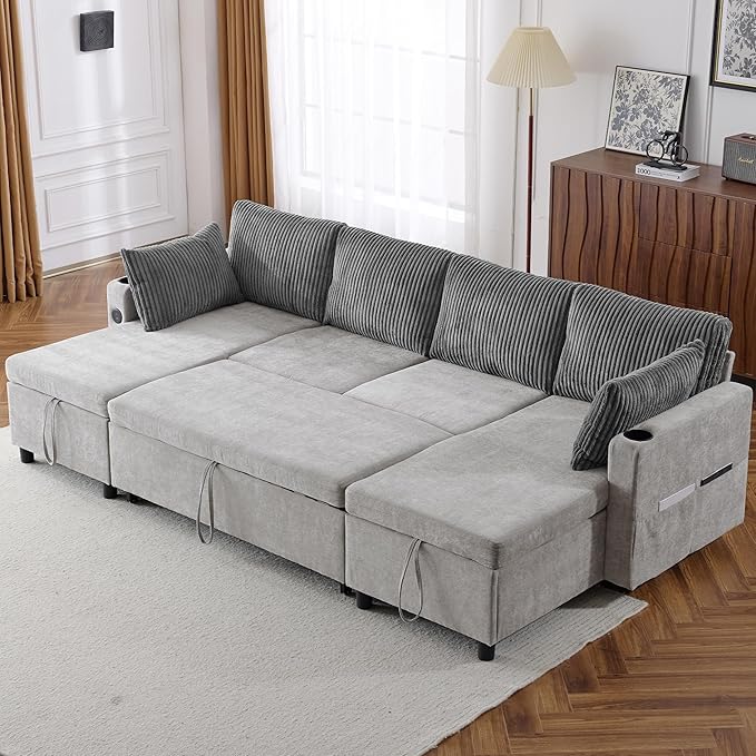 111.8 Sectional Sofa Pull-Out Sofa Bed with Double Storage Chaise Lounge Versatile Sofa Sleeper Couch with Cup Holders and USB Ports for Living Room Appartment Office (Grey-CF)