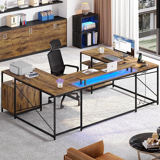 YITAHOME U Shaped Desk with Power Outlets &amp LED Lights 79 Reversible L Shaped Desk with Drawers Corner Computer Desk Office Desk with Monitor Stand &amp Storage Shelves Rustic Brown