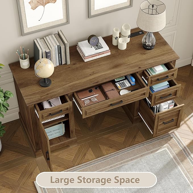 Furniouse 58 Executive Desk Farmhouse Computer Desk with Drawers and Cabinet with Charging Station Wooden Home Office Desk Workspace for Work &amp Writing Brown
