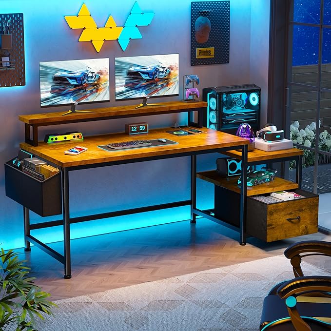 EnHomee 57 Office Desk with Drawers and Printer SpaceComputer Desk with Power OutletsHome Office Desks with File Drawers CabinetStudy and Gaming Desk with Shelves Monitor StandRustic Brown