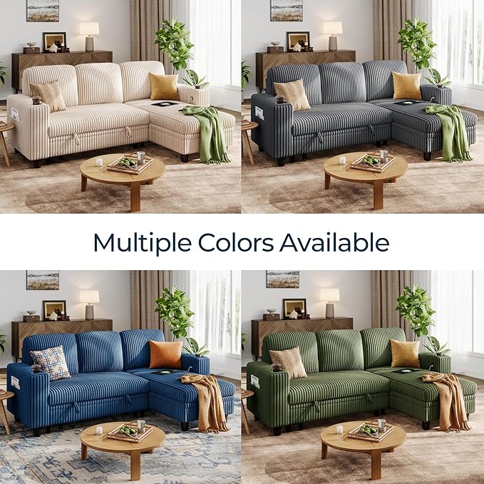 LINSY HOME Pull Out Sleeper Sofa Sectional Couches for Living Room L Shaped Plush Corduroy Couch with Storage&ampUSB Charging Convertible Cloud Sectional Sofa Bed for Apartment Green