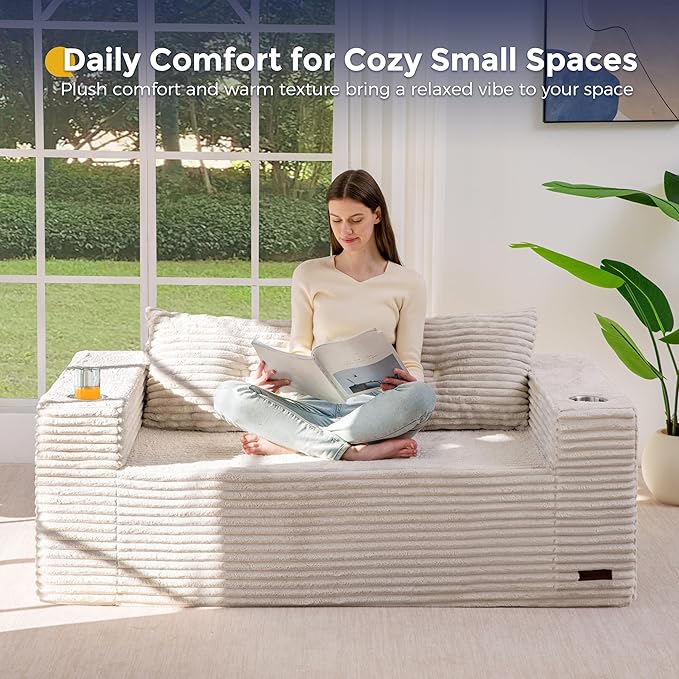 MAXYOYO 63 Boneless Loveseat Sofa Couch for Small Spaces Mini Love Seat Floor Couch with Cup Holders and Pillows 2-Seater Upholstered Cloud Couch for Bedroom Apartment No Assembly Required