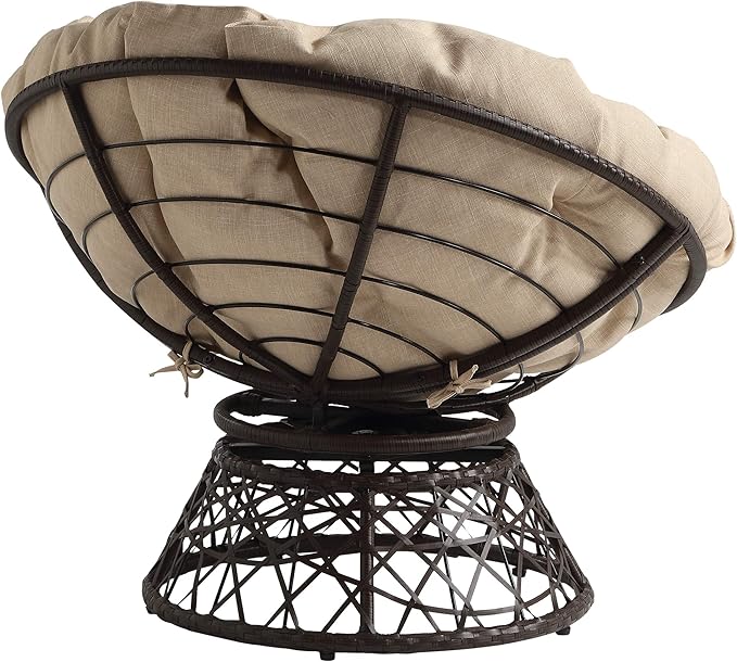 OSP Home Furnishings Wicker Papasan Chair with 360-Degree Swivel Brown Frame with Cream Cushion