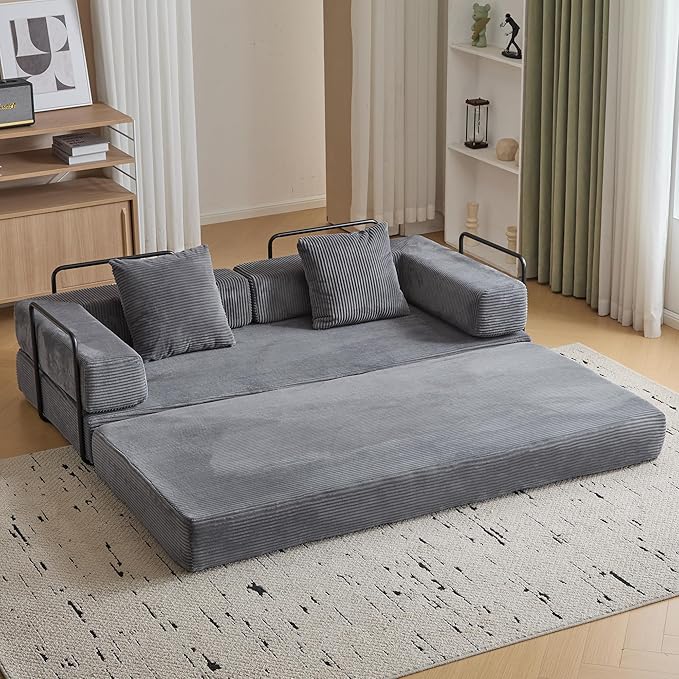 Convertible Sleeper Sofa Bed Compression Folding Sofa with Pillow No Assembly Required Shape Frame Floor Sofas Lounge Couch for Living Room Bedroom Small Spaces(Corduroy 77''W Dark Grey)