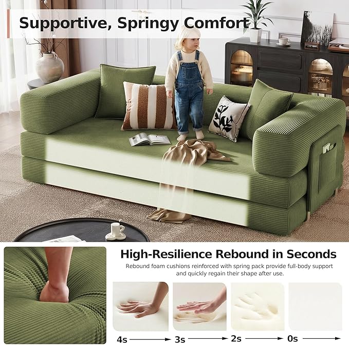 78.8 Boneless Sleeper Sofa BedConvertible Futon Couch with Storage Pocket and 2 PillowsModular Corduroy Sofa for livingroomSmall speaceGreen