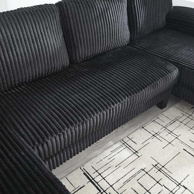 KEIKI 114 U-Shaped Oversized Modular Velvet Sectional Sofa with 2 Chaise Lounge Modern Style Upholstered 4-Seater Couch with Soft Seat Cushions Easy Assembly for Apartment Living Room Black
