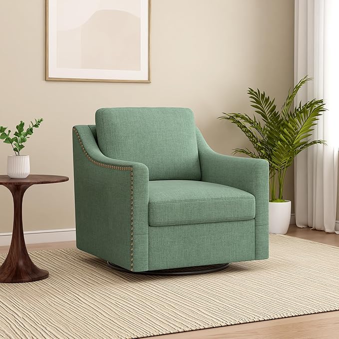 Set of 2 Swivel Accent Chairs for Living Room 360° Swivel Upholstered Club Armchairs with Nailhead Trim Metal Swivel Base Linen-Textured Fabric – Green