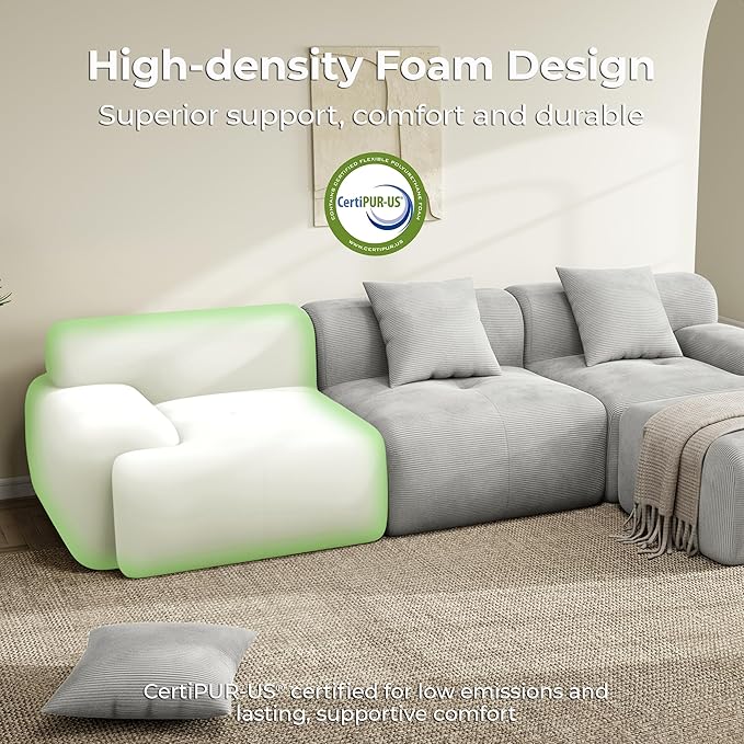 LIKIMIO 118 Modular Sectional Sofa with Ottoman L-Shaped Boneless Couch with Deep Seat for Living Room Corduroy Upholstery No Assembly Required Light Grey