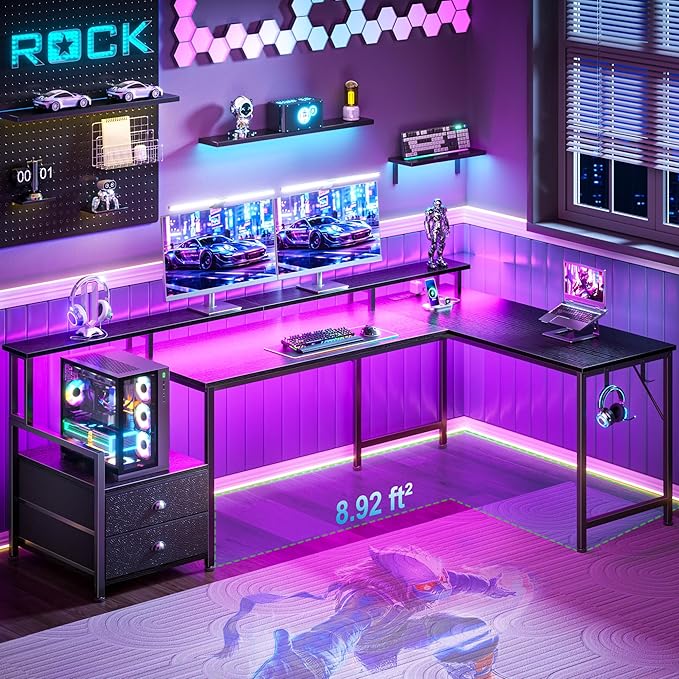 66'' L Shaped Gaming Desk with Drawers and Storage Shelves Reversible Corner Desk with Power Outlets and Host Stand Large Computer Desk with Led Lights for Gaming Work Home Office Black